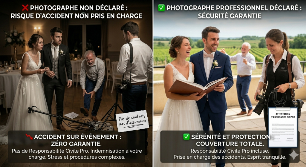 Comparaison entre un accident de matériel non assuré lors d'un mariage et la protection d'un photographe professionnel avec attestation RC Pro