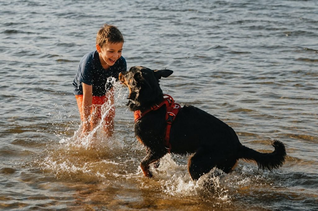 Enfant jouant avec son chien sur la plage pendant une séance photo à Soulac-sur-Mer