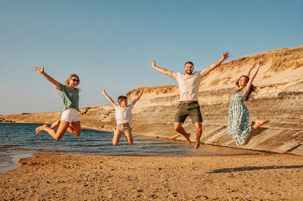 Séance photo famille sur la plage de Soulac-sur-Mer avec parents et enfant sautant sur le sable au coucher du soleil.
