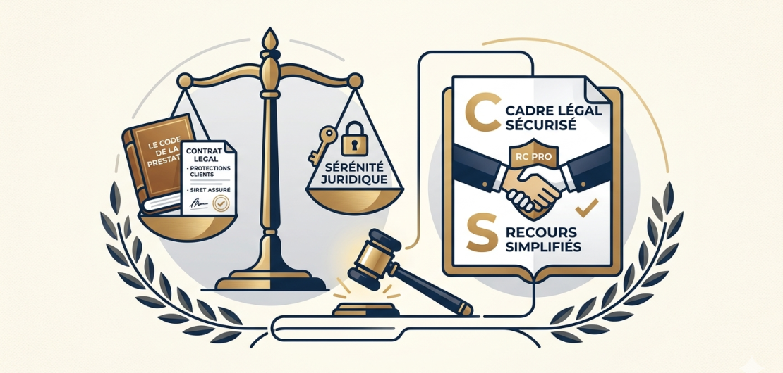 Illustration stylisée montrant une balance de la justice, un marteau de juge et un contrat sécurisé pour symboliser la protection juridique du client