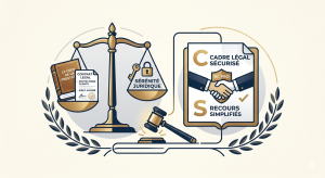 Illustration stylisée montrant une balance de la justice, un marteau de juge et un contrat sécurisé pour symboliser la protection juridique du client