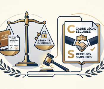 Illustration stylisée montrant une balance de la justice, un marteau de juge et un contrat sécurisé pour symboliser la protection juridique du client