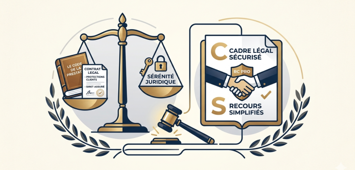 Illustration stylisée montrant une balance de la justice, un marteau de juge et un contrat sécurisé pour symboliser la protection juridique du client