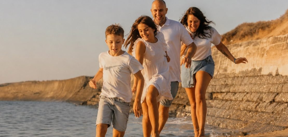 Famille courant sur la plage pendant une séance photo à Soulac-sur-Mer au coucher du soleil